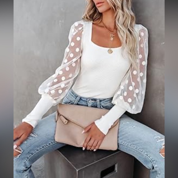 NWOT VICI Ivory long sleeve sheer polka dot shirt - Picture 2 of 5